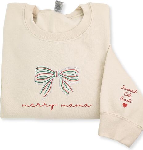 COUPLEHOODIES Custom Mama Christmas Embroidered Sweatshirt – Crewneck with Kid's Names on Sleeve, for Mom in Kuwait