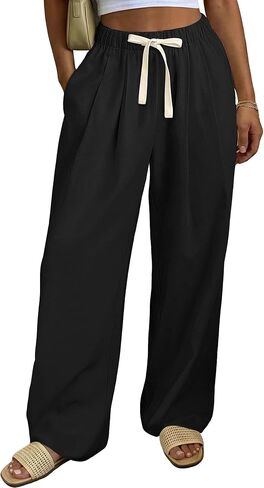 Bsubseach Women Linen Cotton Palazzo Pants Wide Leg Casual Elastic Waist Drawstring Flowy Loose Pants Work Pants with Pockets in Kuwait