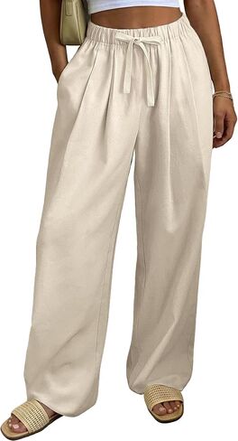Bsubseach Women Linen Cotton Palazzo Pants Wide Leg Casual Elastic Waist Drawstring Flowy Loose Pants Work Pants with Pockets in Kuwait