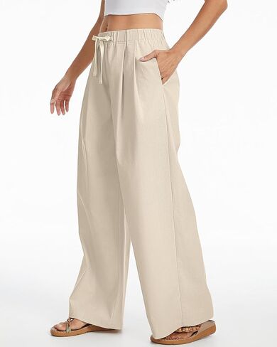 Bsubseach Women Linen Cotton Palazzo Pants Wide Leg Casual Elastic Waist Drawstring Flowy Loose Pants Work Pants with Pockets in Kuwait