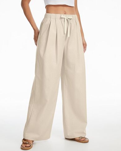 Bsubseach Women Linen Cotton Palazzo Pants Wide Leg Casual Elastic Waist Drawstring Flowy Loose Pants Work Pants with Pockets in Kuwait