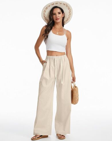 Bsubseach Women Linen Cotton Palazzo Pants Wide Leg Casual Elastic Waist Drawstring Flowy Loose Pants Work Pants with Pockets in Kuwait