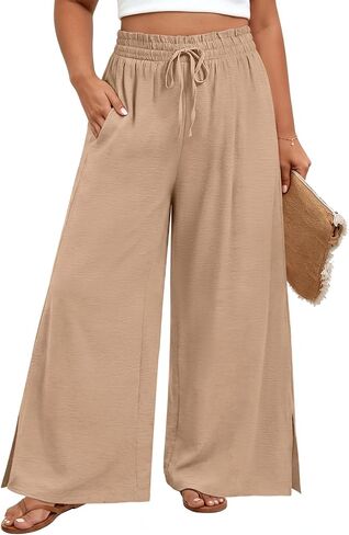 Womens Plus Size Wide Leg Pants Casual Adjustable Palazzo High Waisted Trousers with Pockets in Saudi Arabia