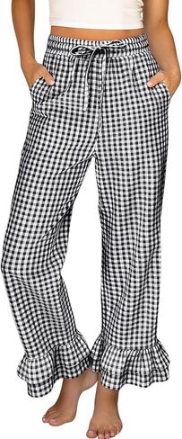 Bianstore Womens Cotton Gingham Ruffle Hem Wide Leg Pants Elastic Waist Plaid Cropped Palazzo Trousers with Pockets in Saudi Arabia