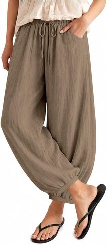Womens Baggy Linen Balloon Barrel Beach Pants Drawstring Loose Wide Leg Boho Harem Pants with Pockets in Saudi Arabia