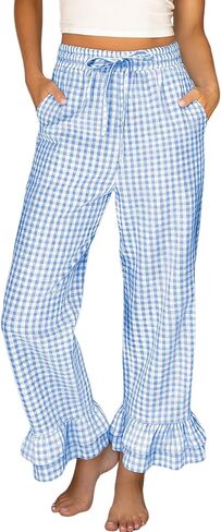 Bianstore Womens Cotton Gingham Ruffle Hem Wide Leg Pants Elastic Waist Plaid Cropped Palazzo Trousers with Pockets in Saudi Arabia
