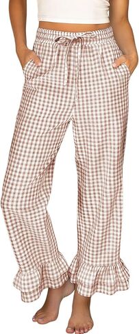 Bianstore Womens Cotton Gingham Ruffle Hem Wide Leg Pants Elastic Waist Plaid Cropped Palazzo Trousers with Pockets in Saudi Arabia