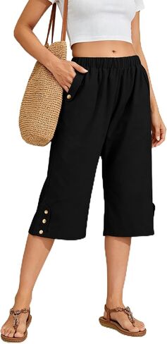 WROLEM Women Summer Capri Pants Casual Wide Leg Elastic Waist Lightweight Cropped Loose Pants with Pockets in Kuwait