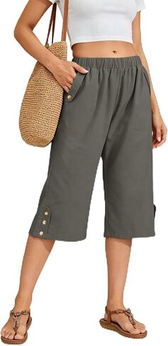 WROLEM Women Summer Capri Pants Casual Wide Leg Elastic Waist Lightweight Cropped Loose Pants with Pockets in Saudi Arabia