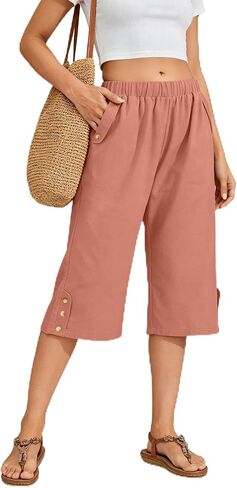 WROLEM Women Summer Capri Pants Casual Wide Leg Elastic Waist Lightweight Cropped Loose Pants with Pockets in Kuwait
