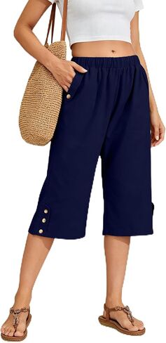 WROLEM Women Summer Capri Pants Casual Wide Leg Elastic Waist Lightweight Cropped Loose Pants with Pockets in Kuwait