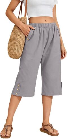 WROLEM Women Summer Capri Pants Casual Wide Leg Elastic Waist Lightweight Cropped Loose Pants with Pockets in Kuwait