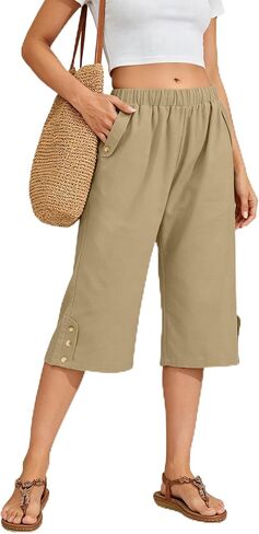 WROLEM Women Summer Capri Pants Casual Wide Leg Elastic Waist Lightweight Cropped Loose Pants with Pockets in Kuwait