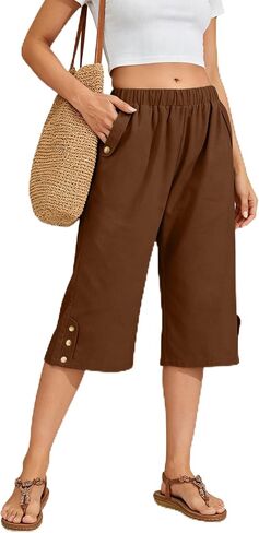 WROLEM Women Summer Capri Pants Casual Wide Leg Elastic Waist Lightweight Cropped Loose Pants with Pockets in Kuwait