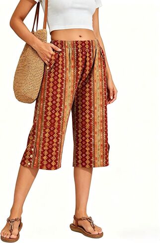 WROLEM Women Summer Capri Pants Casual Wide Leg Elastic Waist Lightweight Cropped Loose Pants with Pockets in Kuwait