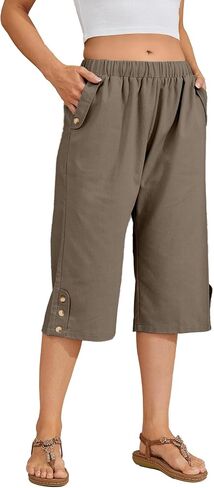 WROLEM Women Summer Capri Pants Casual Wide Leg Elastic Waist Lightweight Cropped Loose Pants with Pockets in Kuwait