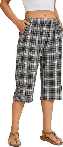 WROLEM Women Summer Capri Pants Casual Wide Leg Elastic Waist Lightweight Cropped Loose Pants with Pockets in Kuwait