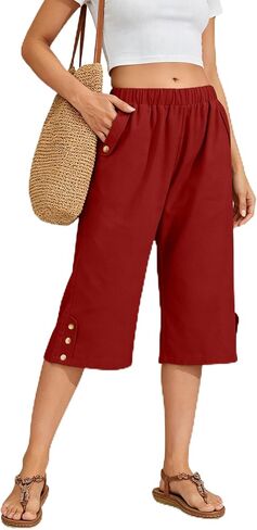 WROLEM Women Summer Capri Pants Casual Wide Leg Elastic Waist Lightweight Cropped Loose Pants with Pockets in Kuwait