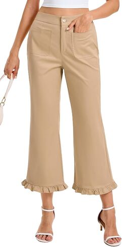 SCOFEEL Womens Ruffle Hem Capris Pants High Waisted Wide Leg Cropped Flare Pants Elastic Waist Trousers with Pockets in Saudi Arabia