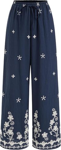 CIDER Women's Wide Leg Pants Palazzo Pants for Women Embroidered Floral Drawstring Boho Beach Trousers in Kuwait