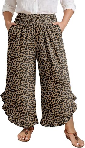 Feiersi Womens Plus Size Wide Leg Pants High Waisted Palazzo Cropped Pants Summer Flowy Beach Lounge Casual Trousers in Kuwait