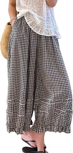 Athlisan Womens Gingham Wide Leg Pants Ruffle Elastic Waist Boho Summer Baggy Plaid Culottes Palazzo Trousers with Pockets in Kuwait