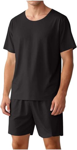 Lastesso Pajamas for Men Short Sleeve and Shorts Summer Loungewear Sets Casual Two Piece Sleepwear Lightweight Pjs Set in Saudi Arabia