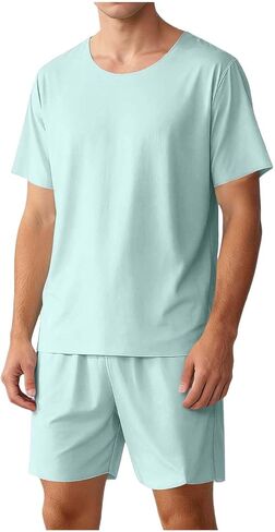 Lastesso Pajamas for Men Short Sleeve and Shorts Summer Loungewear Sets Casual Two Piece Sleepwear Lightweight Pjs Set in Saudi Arabia