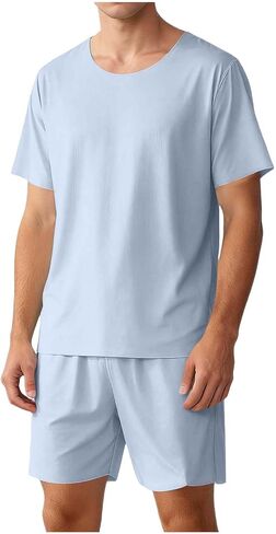 Lastesso Pajamas for Men Short Sleeve and Shorts Summer Loungewear Sets Casual Two Piece Sleepwear Lightweight Pjs Set in Saudi Arabia