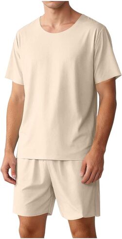 Lastesso Pajamas for Men Short Sleeve and Shorts Summer Loungewear Sets Casual Two Piece Sleepwear Lightweight Pjs Set in Saudi Arabia