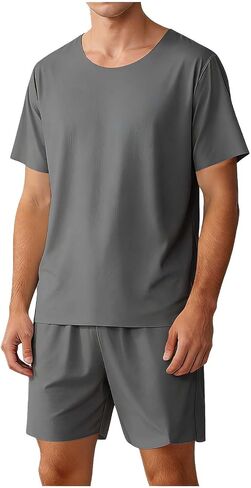 Lastesso Pajamas for Men Short Sleeve and Shorts Summer Loungewear Sets Casual Two Piece Sleepwear Lightweight Pjs Set in Saudi Arabia