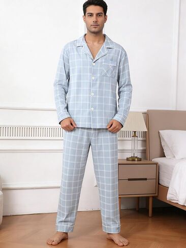 Mens 2 Piece Pajama Set, Light Blue Plaid pajama Pants Long Sleeve Button Pjs, Casual Pijamas Para Hombre in Kuwait