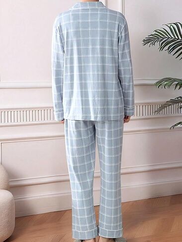 Mens 2 Piece Pajama Set, Light Blue Plaid pajama Pants Long Sleeve Button Pjs, Casual Pijamas Para Hombre in Kuwait
