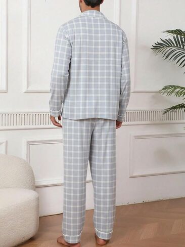 Mens 2 Piece Pajama Set, Light Blue Plaid pajama Pants Long Sleeve Button Pjs, Casual Pijamas Para Hombre in Kuwait
