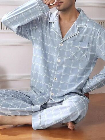 Mens 2 Piece Pajama Set, Light Blue Plaid pajama Pants Long Sleeve Button Pjs, Casual Pijamas Para Hombre in Kuwait
