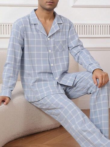 Mens 2 Piece Pajama Set, Light Blue Plaid pajama Pants Long Sleeve Button Pjs, Casual Pijamas Para Hombre in Kuwait