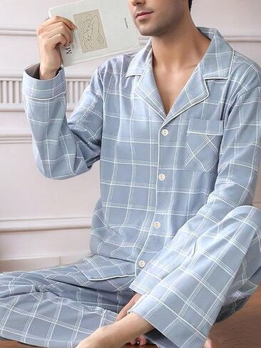 Mens 2 Piece Pajama Set, Light Blue Plaid pajama Pants Long Sleeve Button Pjs, Casual Pijamas Para Hombre in Kuwait