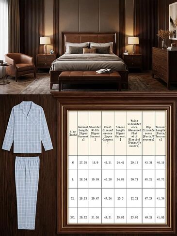 Mens 2 Piece Pajama Set, Light Blue Plaid pajama Pants Long Sleeve Button Pjs, Casual Pijamas Para Hombre in Kuwait
