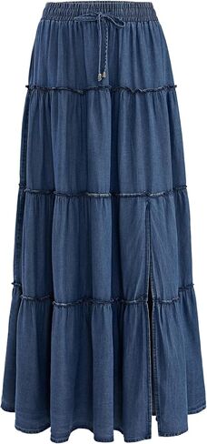 OXP Women's Denim Tiered Maxi Skirt High Waisted Flowy Ruffle Long Skirt for Casual, Vacation Daily Wear in Kuwait
