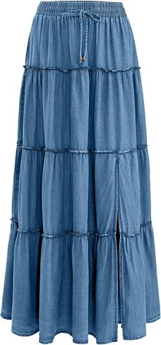 OXP Women's Denim Tiered Maxi Skirt High Waisted Flowy Ruffle Long Skirt for Casual, Vacation Daily Wear in Kuwait