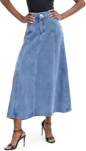 utcoco Women's Stretch High Waisted Denim Skirt Flowy A-Line Jean Maxi Skirt with Pockets in Kuwait