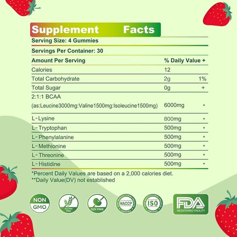 EAA Gummies 120 Gummies (Strawberry), Essential Amino Acids - All 9 Essential Aminos (EAA) and All Branched-Chain Aminos (BCAAs), Non-GMO, Gluten Free, Vegetarian Friendly in Kuwait