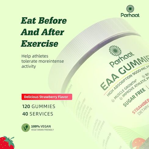 EAA Gummies 120 Gummies (Strawberry), Essential Amino Acids - All 9 Essential Aminos (EAA) and All Branched-Chain Aminos (BCAAs), Non-GMO, Gluten Free, Vegetarian Friendly in Kuwait