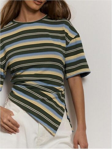 SOLY HUX Women's Striped T Shirt Short Sleeve Split Asymmetrical Hem Tee Casual Summer Tops in Saudi Arabia