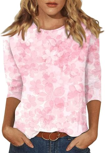 Womens Summer Fashion Tops 3/4 Sleeve Round Neck Shirts Casual Print Trendy Three Quarter Length T Shirt in Saudi Arabia