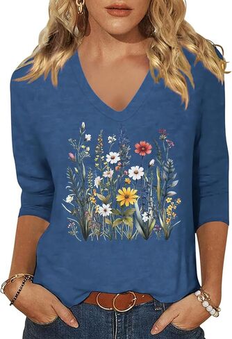 Womens V Neck Flowers Shirts Boho Floral Printed T-Shirt Vintage Graphic Tee Summer Casual Cute 3/4 Sleeve Tops in Saudi Arabia
