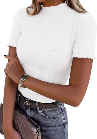 PRETTYGARDEN Short Sleeve T Shirts for Women Summer Clothes 2026 Casual Spring Tops Ruffle Mock Neck Ribbed Fitted Basic Tees in Kuwait