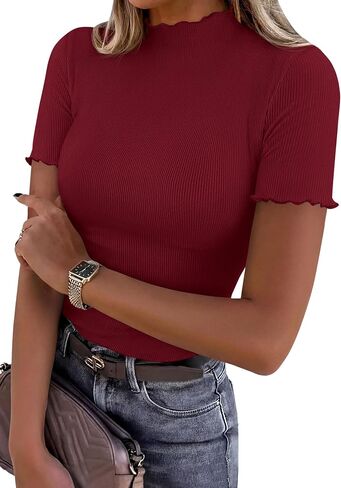 PRETTYGARDEN Short Sleeve T Shirts for Women Summer Clothes 2026 Casual Spring Tops Ruffle Mock Neck Ribbed Fitted Basic Tees in Kuwait