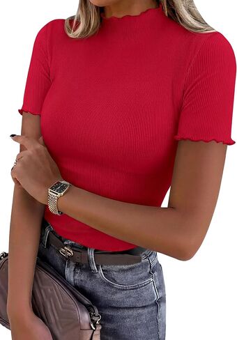 PRETTYGARDEN Short Sleeve T Shirts for Women Summer Clothes 2026 Casual Spring Tops Ruffle Mock Neck Ribbed Fitted Basic Tees in Kuwait