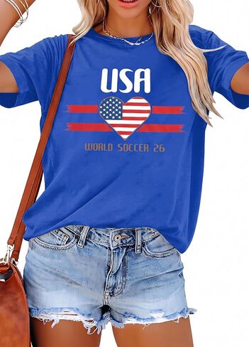 Soccer Cup 2026 Shirt for Women Country Football Shirt USA World Soccer Flag Heart Printed Short Sleeve Shirt in Kuwait